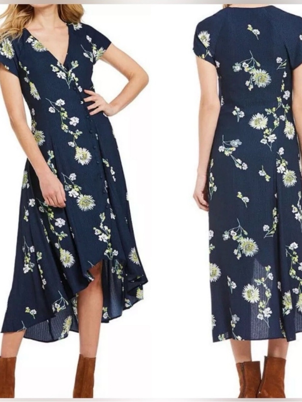 Free People Navy Floral High-Low Wrap Dress